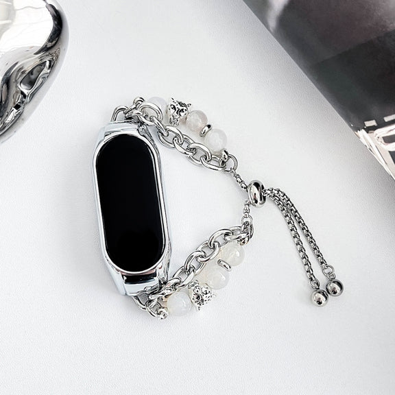 For Xiaomi Mi Band 7 Crystal Beaded Onyx Watch Band(Silver+Leopard Head)