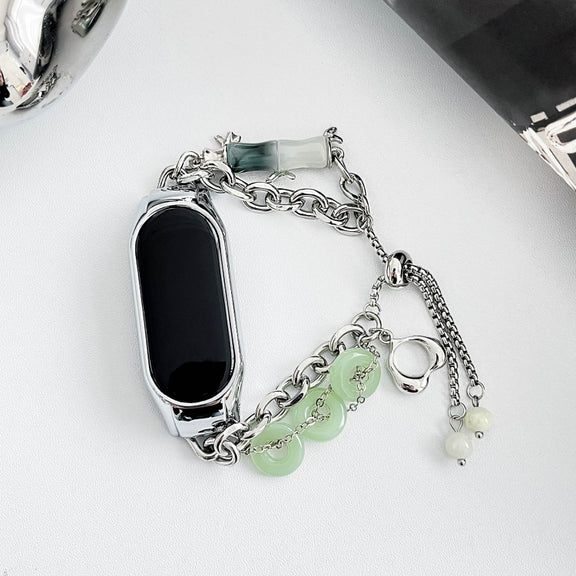 For Xiaomi Mi Band 5 / 6 Crystal Beaded Onyx Watch Band(Silver+Jade Donut)
