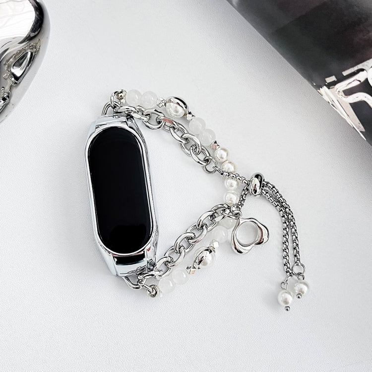 For Xiaomi Mi Band 5 / 6 Crystal Beaded Onyx Watch Band(Silver+White Pearl)