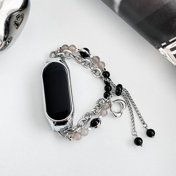 For Xiaomi Mi Band 3 / 4 Crystal Beaded Onyx Watch Band(Silver+Black Pearl)