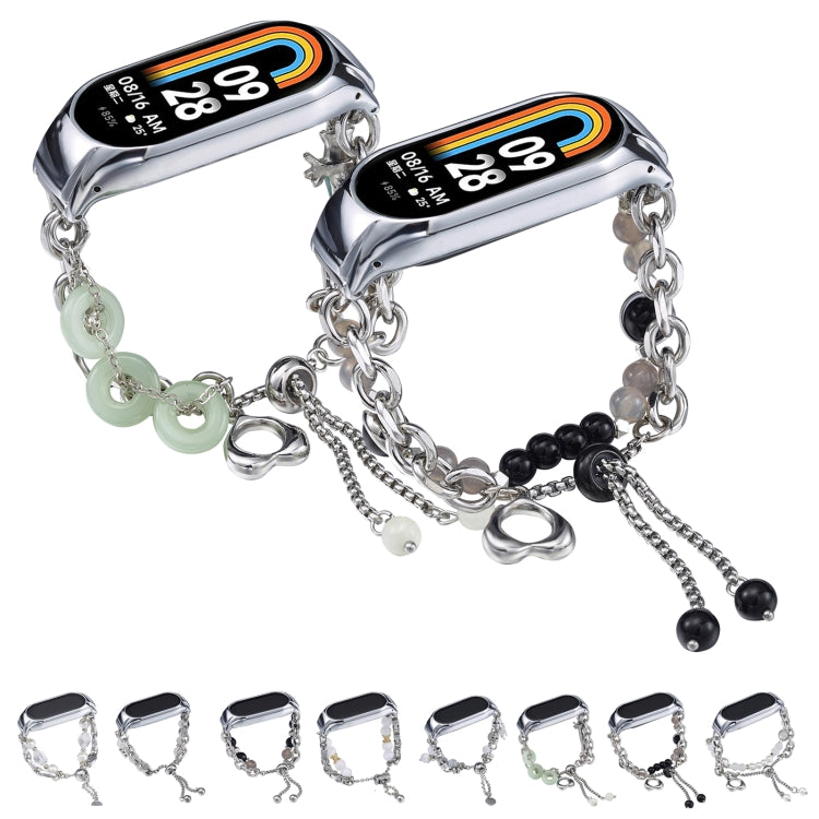 For Xiaomi Mi Band 8 Crystal Beaded Onyx Watch Band(Silver+Leopard Head)