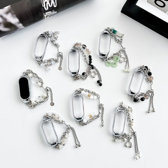 For Xiaomi Mi Band 5 / 6 Crystal Beaded Onyx Watch Band(Silver+Jade Donut)