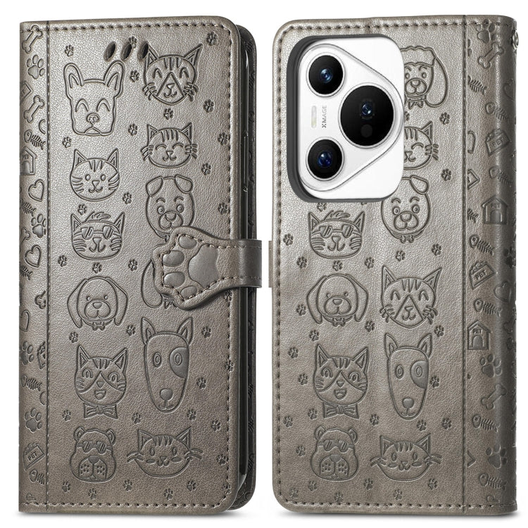 For Huawei Pura 70 Cat and Dog Embossed Leather Phone Case(Gray)