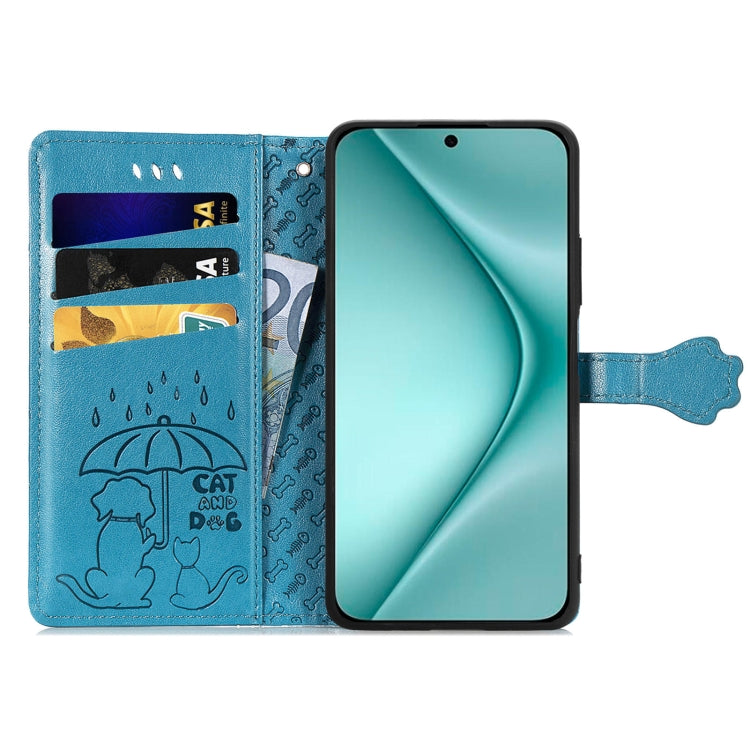 For Huawei Pura 70 Pro Cat and Dog Embossed Leather Phone Case(Blue)