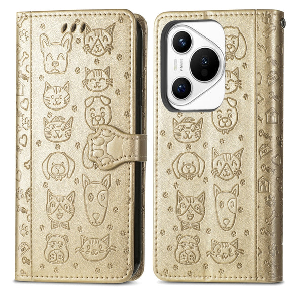 For Huawei Pura 70 Pro Cat and Dog Embossed Leather Phone Case(Gold)