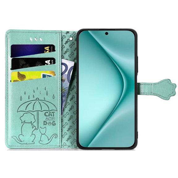 For Huawei Pura 70 Pro Cat and Dog Embossed Leather Phone Case(Green)