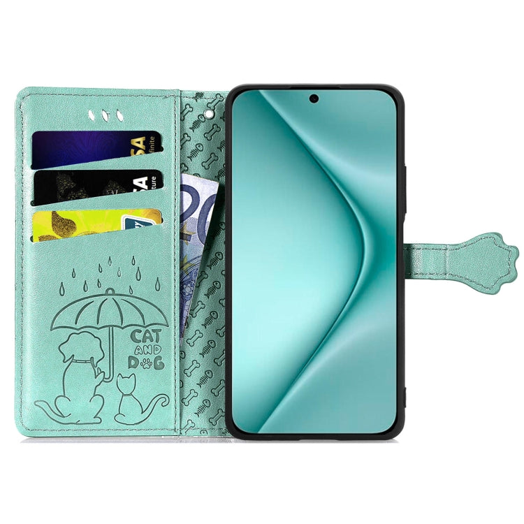 For Huawei Pura 70 Pro Cat and Dog Embossed Leather Phone Case(Green)