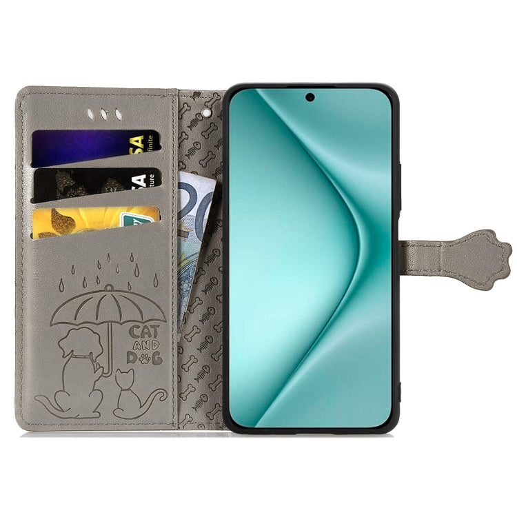 For Huawei Pura 70 Pro Cat and Dog Embossed Leather Phone Case(Gray)