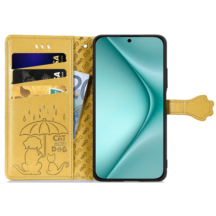 For Huawei Pura 70 Pro+ Cat and Dog Embossed Leather Phone Case(Yellow)