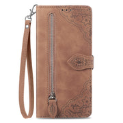 For Motorola Moto G Play 2024 Embossed Flower Zipper Leather Phone Case(Brown)