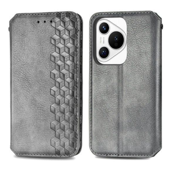 For Huawei Pura 70 Cubic Grid Pressed Magnetic Leather Phone Case(Gray)