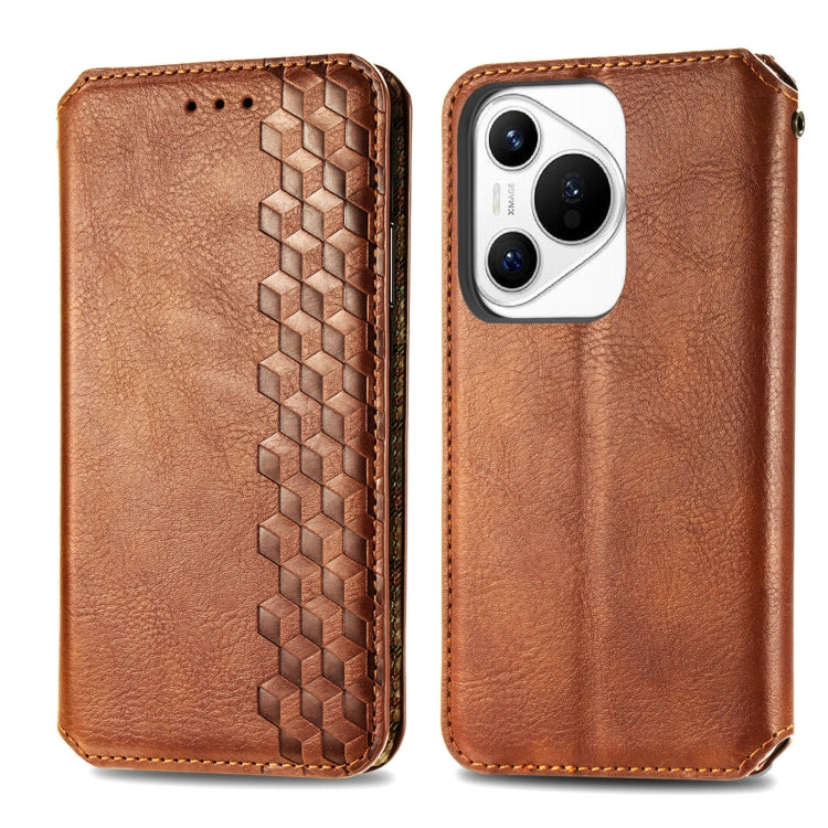 For Huawei Pura 70 Pro Cubic Grid Pressed Magnetic Leather Phone Case(Brown)