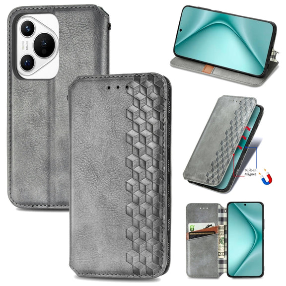 For Huawei Pura 70 Pro Cubic Grid Pressed Magnetic Leather Phone Case(Gray)