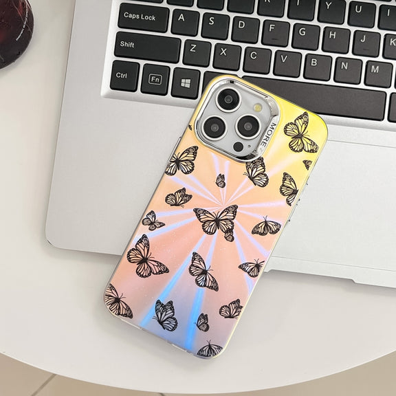 For iPhone 16 Electroplating Laser Butterfly Phone Case(Purple Butterflies AB3)