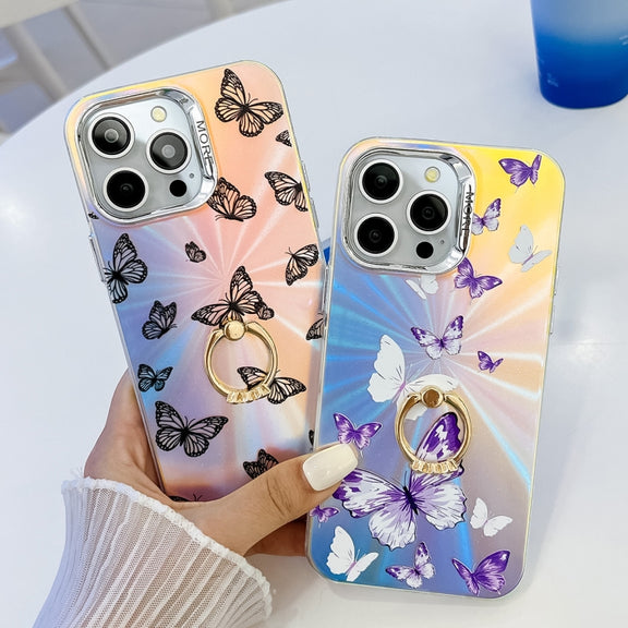 For iPhone 16 Pro Max Electroplating Laser Butterfly Ring Holder Phone Case(Pink Butterflies AB2)
