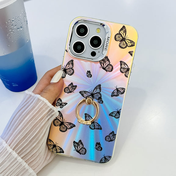 For iPhone 16 Pro Max Electroplating Laser Butterfly Ring Holder Phone Case(Pink Butterflies AB2)