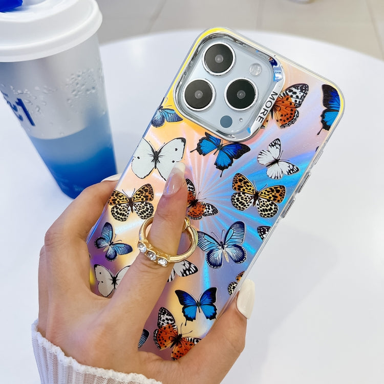 For iPhone 16 Pro Max Electroplating Laser Butterfly Ring Holder Phone Case(Pink Butterflies AB2)