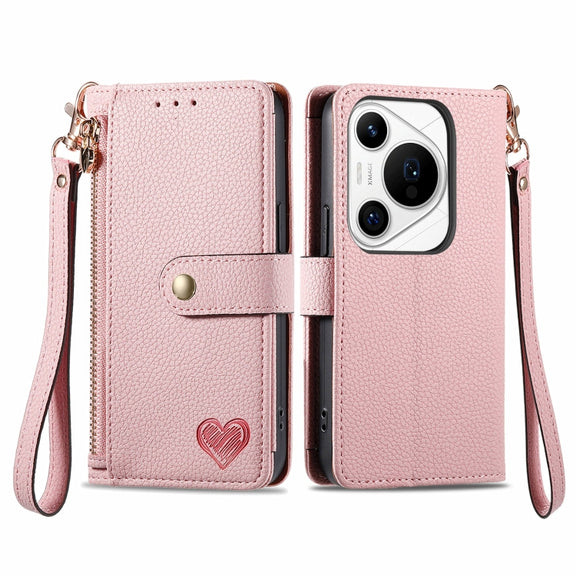 For Huawei Pura 70 Pro Love Zipper Lanyard Leather Phone Case(Pink)