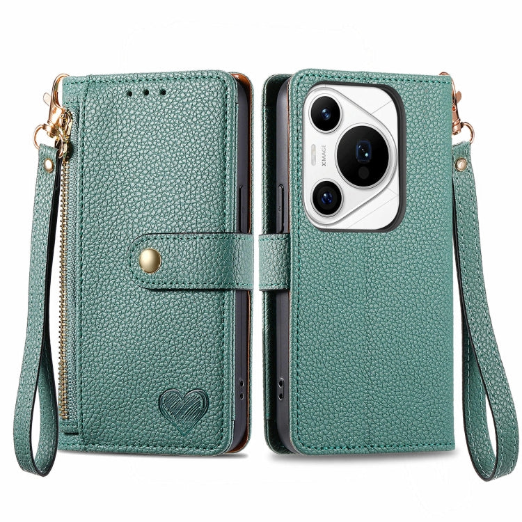 For Huawei Pura 70 Pro+ Love Zipper Lanyard Leather Phone Case(Green)