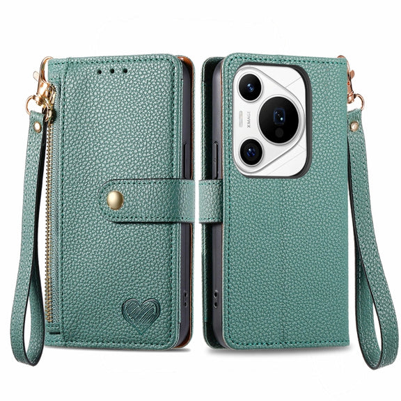 For Huawei Pura 70 Pro+ Love Zipper Lanyard Leather Phone Case(Green)
