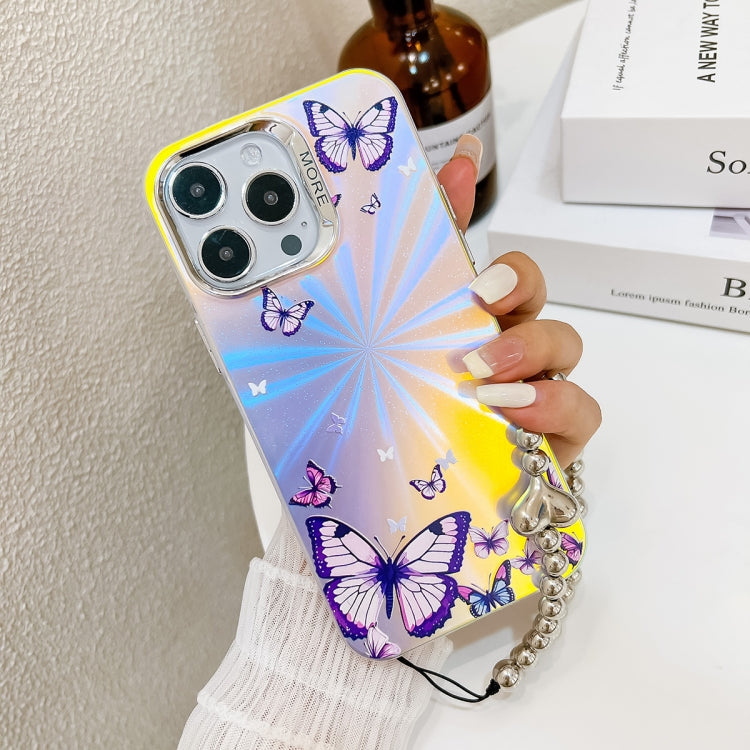 For iPhone 16 Plus Electroplating Laser Butterfly Phone Case with Wrist Strap(Color Butterflies AB1)