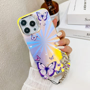 For iPhone 16 Pro Max Electroplating Laser Butterfly Phone Case with Wrist Strap(Pink Butterflies AB2)