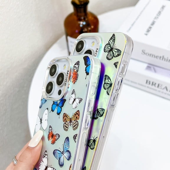 For iPhone 16 Pro Electroplating Laser Butterfly Phone Case with Wrist Strap(Purple Butterflies AB3)
