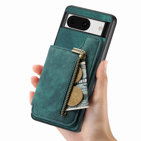 For Google Pixel 9 / 9 Pro Retro Leather Zipper Wallet Back Phone Case(Green)