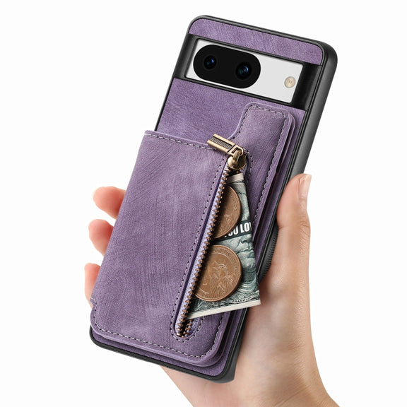 For Google Pixel 9 Pro XL Retro Leather Zipper Wallet Back Phone Case(Purple)