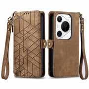 For Huawei Pura 70 Pro+ Geometric Zipper Wallet Side Buckle Leather Phone Case(Brown)