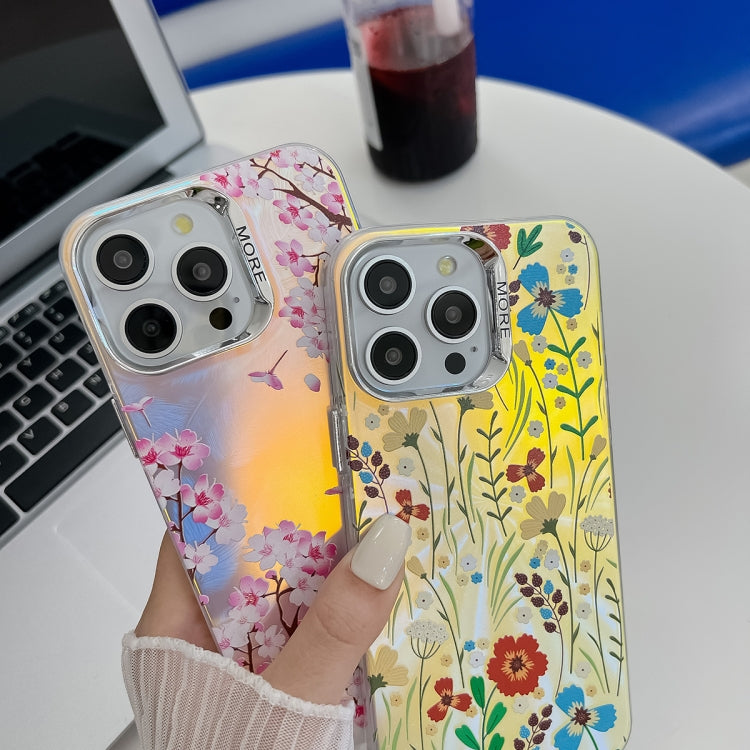 For iPhone 16 Electroplating Laser Flower Texture TPU Phone Case(Peony AH11)