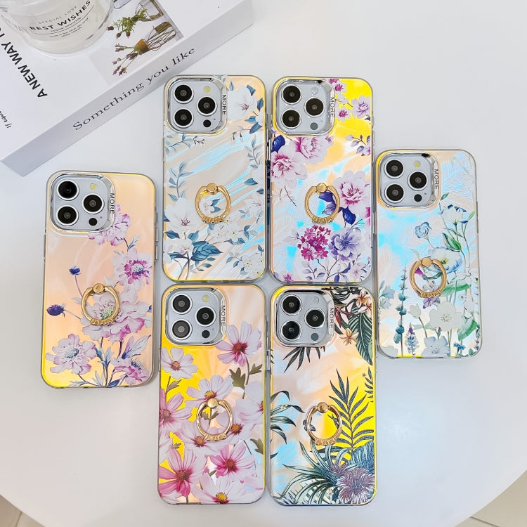 For iPhone 16 Pro Max Electroplating Laser Flower Ring Holder TPU Phone Case(Chrysanthemum AH5)