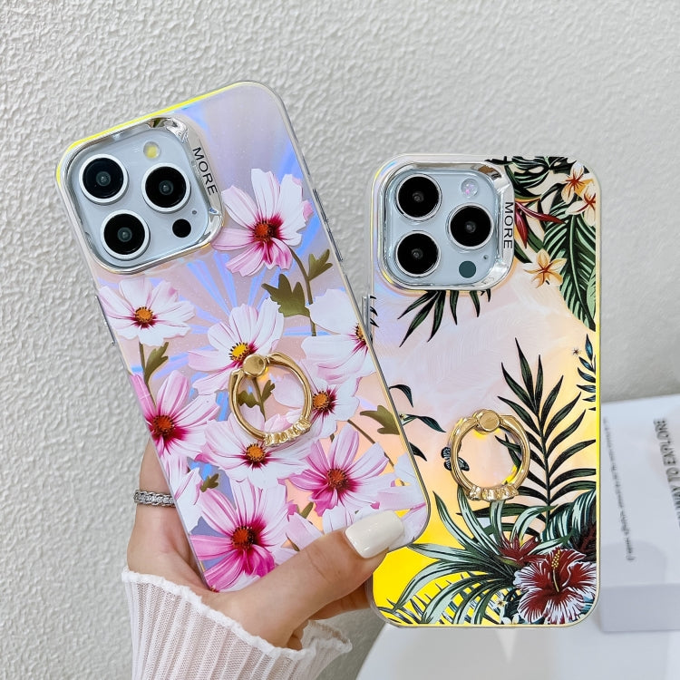 For iPhone 16 Pro Electroplating Laser Flower Ring Holder TPU Phone Case(Pear Blossom AH17)