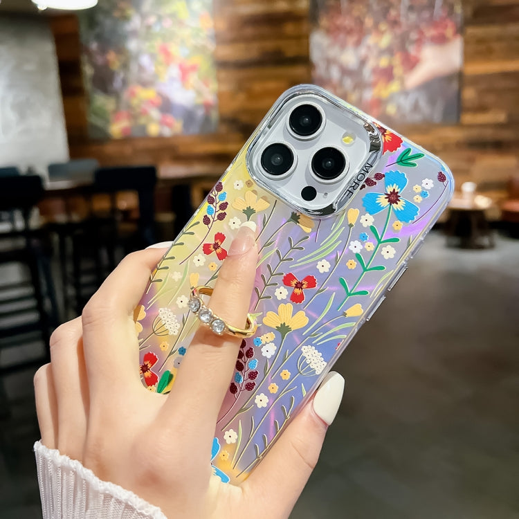 For iPhone 16 Pro Max Electroplating Laser Flower Ring Holder TPU Phone Case(Chrysanthemum AH5)