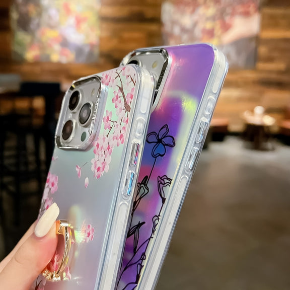 For iPhone 16 Pro Max Electroplating Laser Flower Ring Holder TPU Phone Case(Chrysanthemum AH5)