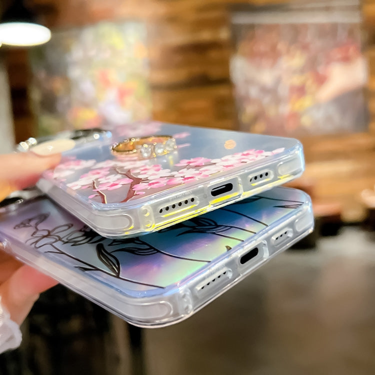 For iPhone 16 Plus Electroplating Laser Flower Ring Holder TPU Phone Case(Lavender AH14)