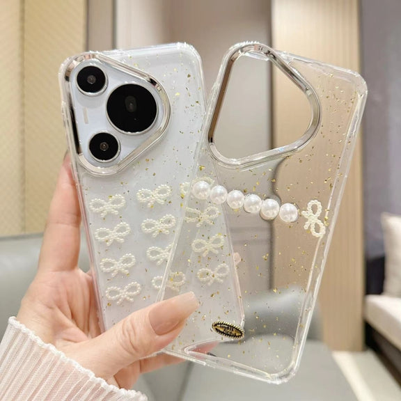 For Huawei Pura 70 Gold Foil Pearl Bow TPU Phone Case(Gold Foil Bows)