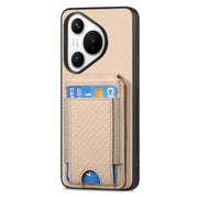 For Huawei Pura 70 Ultra Carbon Fiber Vertical Flip Wallet Stand Phone Case(Khaki)