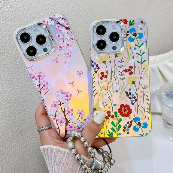 For iPhone 16 Electroplating Laser Flower Phone Case with Wrist Strap(Rose AH15)