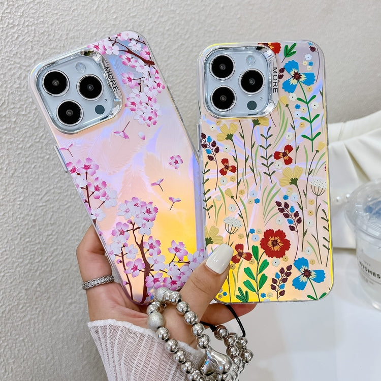 For iPhone 16 Plus Electroplating Laser Flower Phone Case with Wrist Strap(Zinnia AH9)