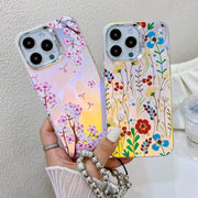 For iPhone 16 Electroplating Laser Flower Phone Case with Wrist Strap(Peach Blossom AH4)
