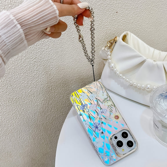 For iPhone 16 Plus Electroplating Laser Flower Phone Case with Wrist Strap(Zinnia AH9)