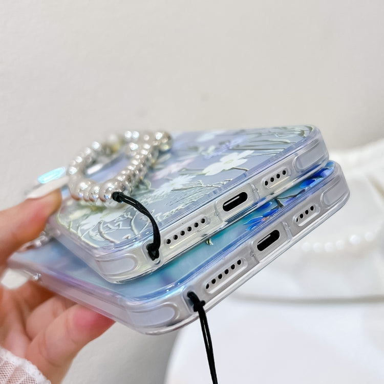 For iPhone 16 Electroplating Laser Flower Phone Case with Wrist Strap(Lavender AH14)