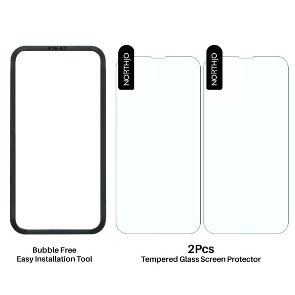 For iPhone 15 Plus NORTHJO 2pcs A++ Screen Protector Tempered Glass Film with Installation Frame