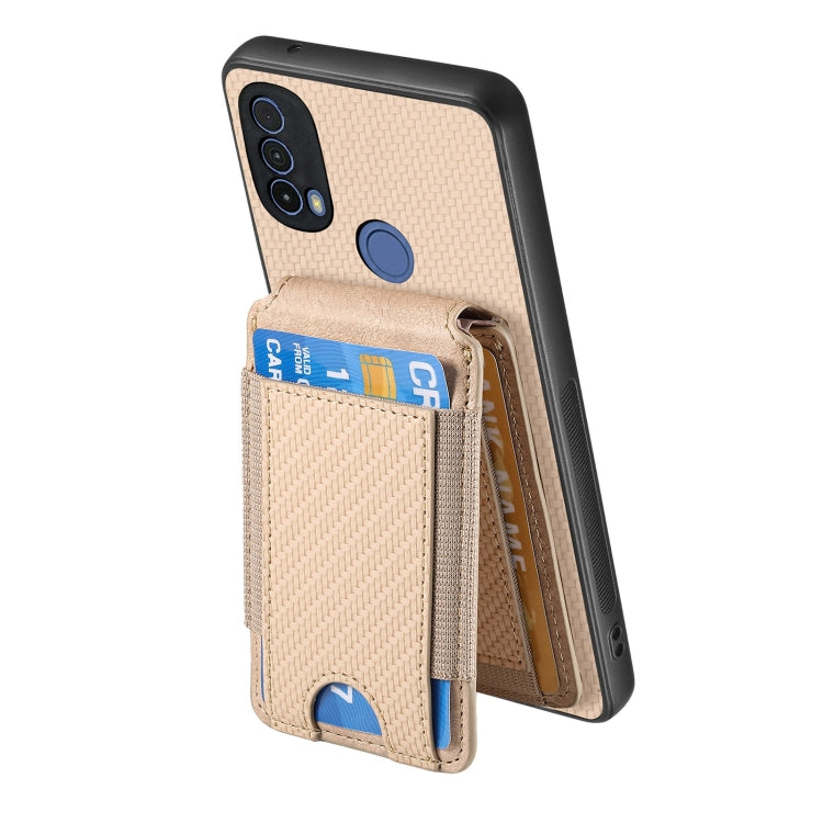For Motorola Moto E20 / E30 Carbon Fiber Vertical Flip Wallet Stand Phone Case(Khaki)