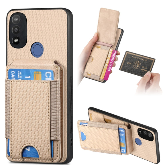 For Motorola Moto E20 / E30 Carbon Fiber Vertical Flip Wallet Stand Phone Case(Khaki)