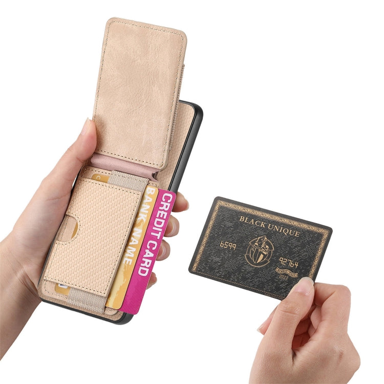 For OnePlus 12 5G Carbon Fiber Vertical Flip Wallet Stand Phone Case(Khaki)