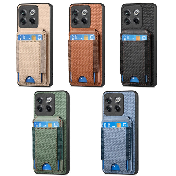 For OnePlus 12 5G Carbon Fiber Vertical Flip Wallet Stand Phone Case(Khaki)