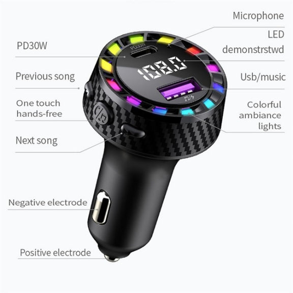 C55 With Breathing Light Bluetooth FM Transmitter USB+Type-C Car Fast Charger