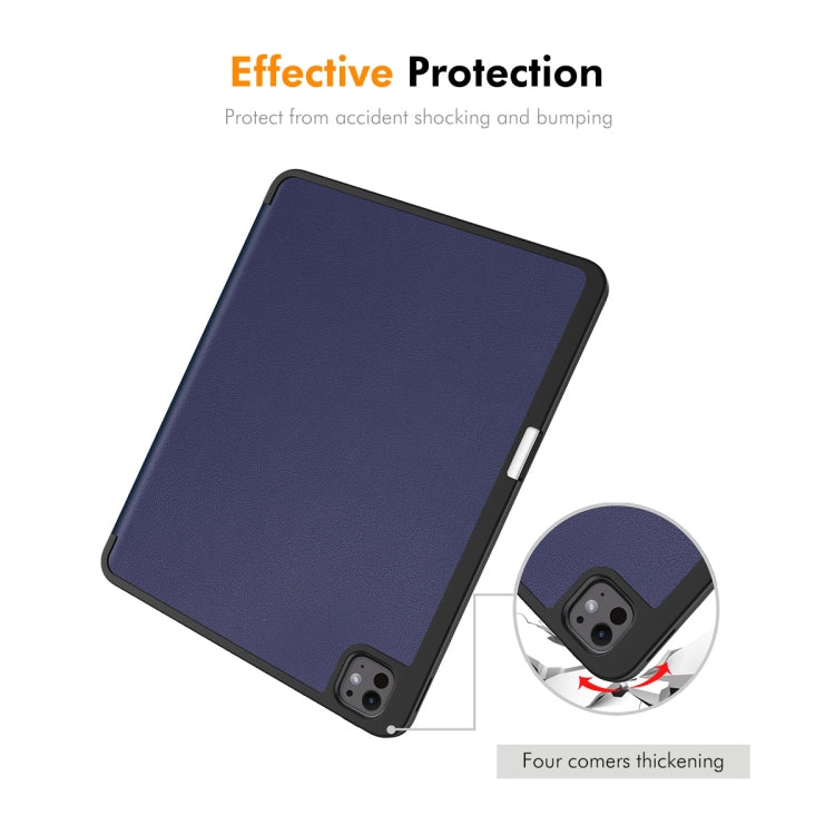 For iPad Pro 13 2024 ENKAY Tri-fold Custer Texture TPU Leather Smart Tablet Case with Pen Slot(Dark Blue)